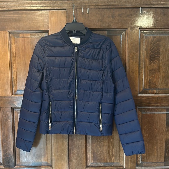 Bershka Quilted Bomber Jacket Coat Size Large Navy Blue Women - Picture 1 of 5